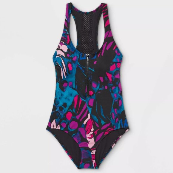 ALL IN MOTION Zip-Front Racerback Laser Cut Back Detail One Piece Swimsu… - Picture 3 of 10